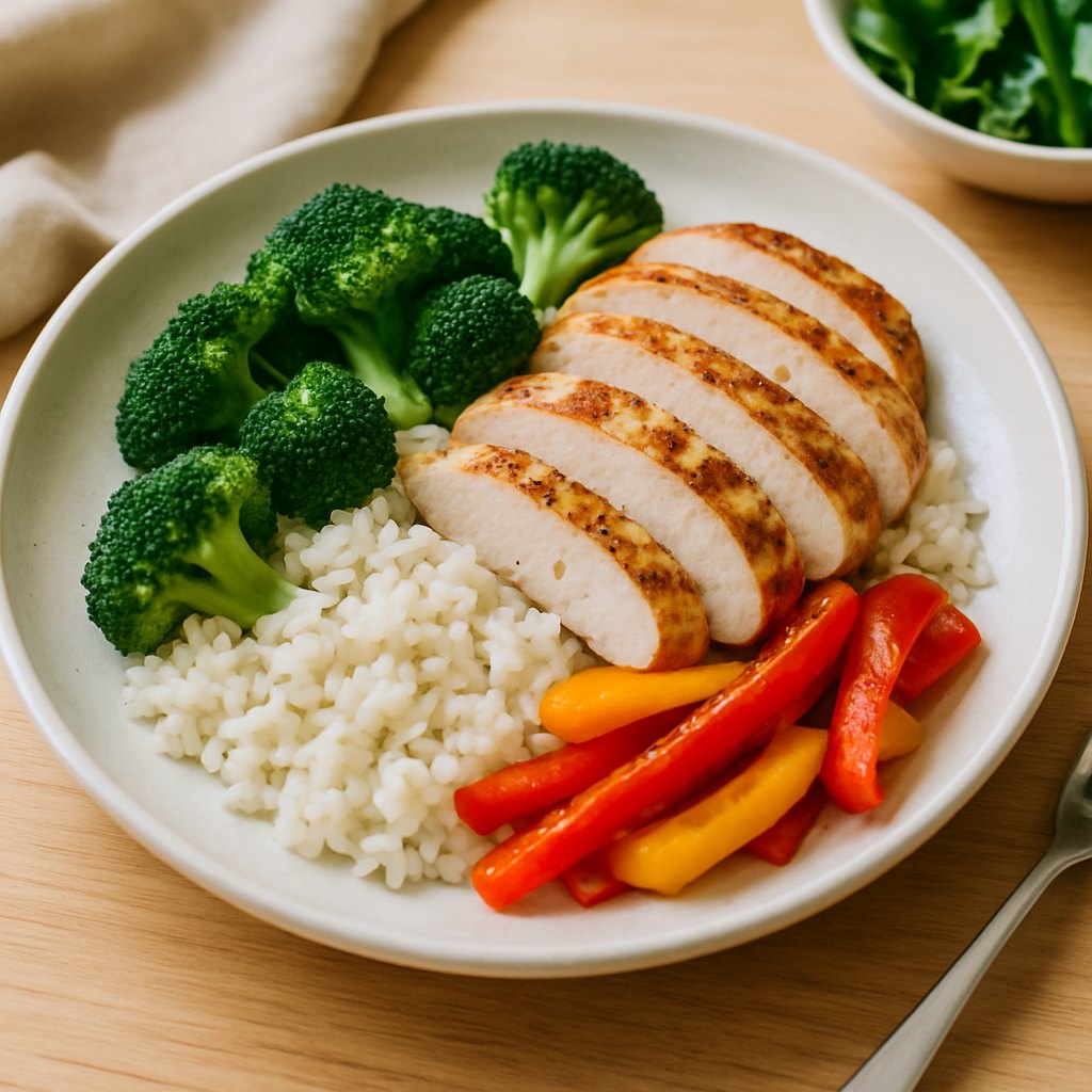 Grilled chicken over rice with broccoli and roasted peppers
