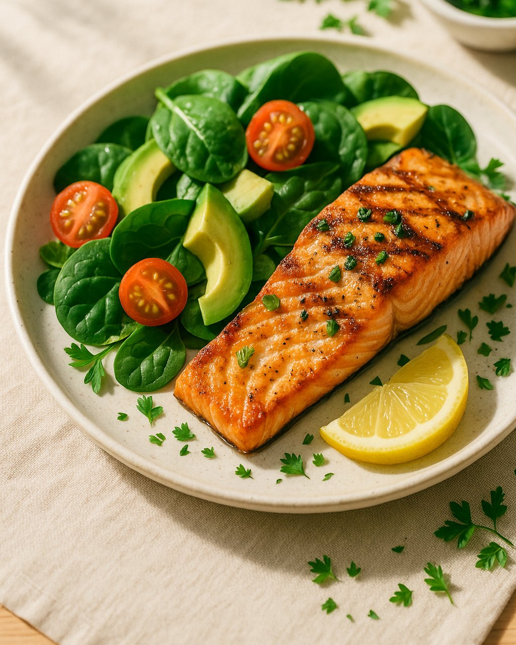 Grilled salmon with a fresh green salad, avocado, and lemon on a pale plate