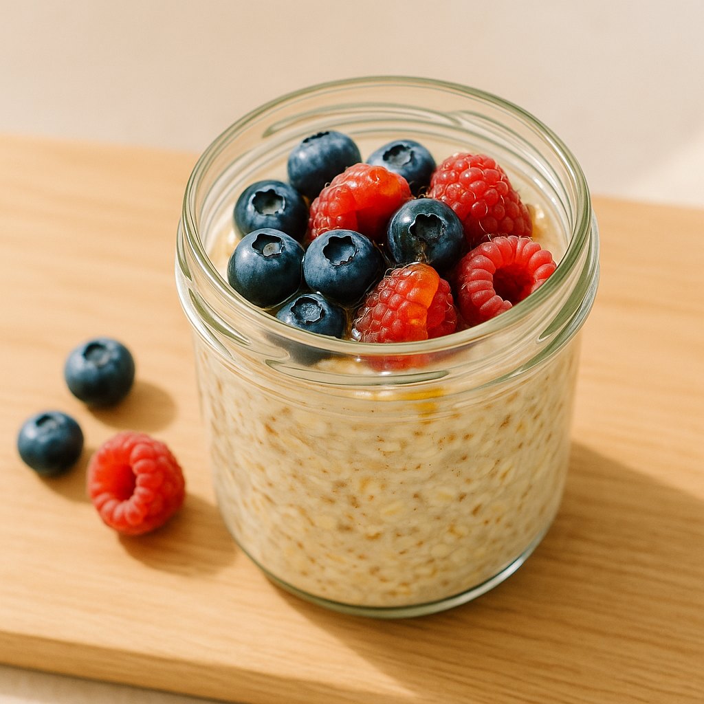 Overnight oats with blueberries, raspberries, and honey