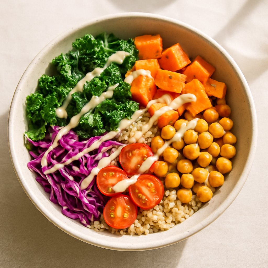 Colorful grain salad bowl with sweet potato, chickpeas, and tahini