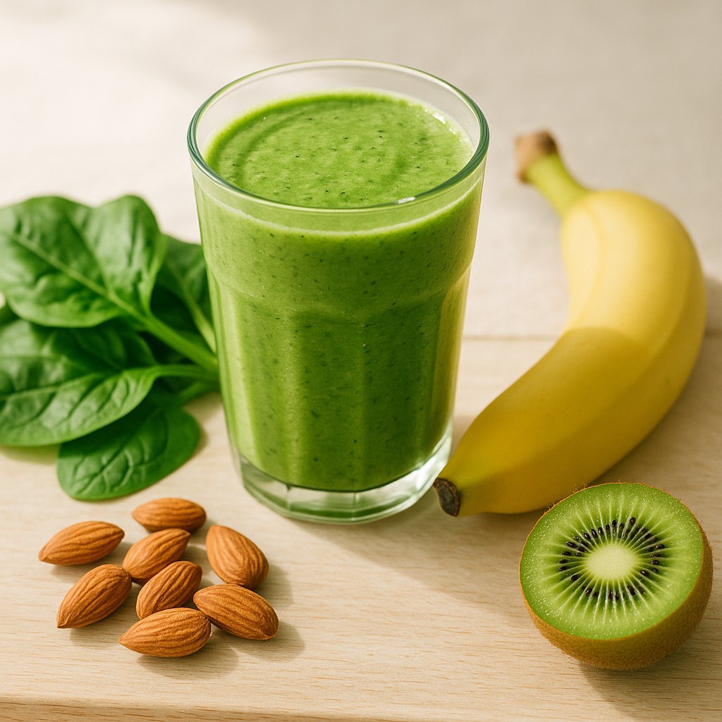 Green smoothie with almonds, banana, spinach, and kiwi