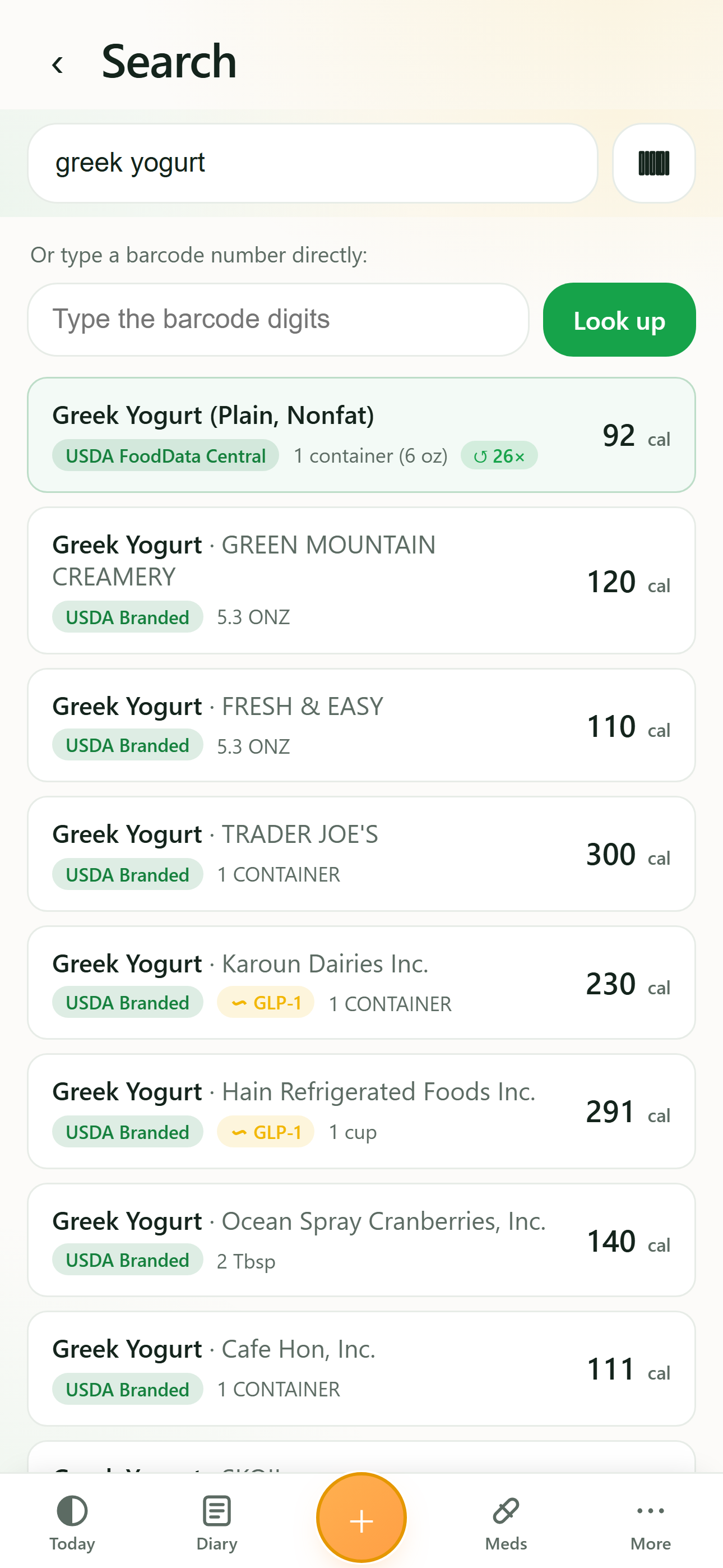 Search results with each food labeled by its real source