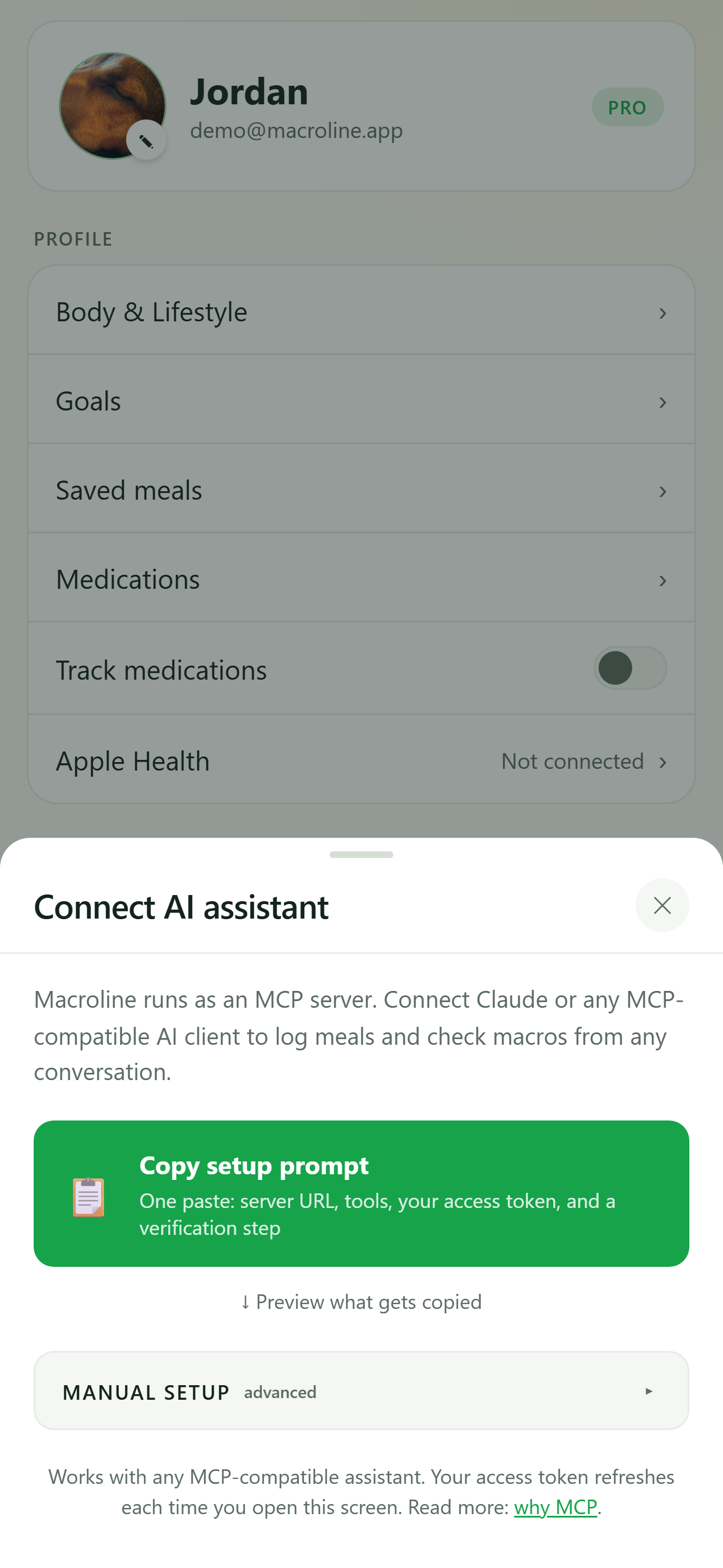Connect AI screen with a one-paste MCP setup prompt