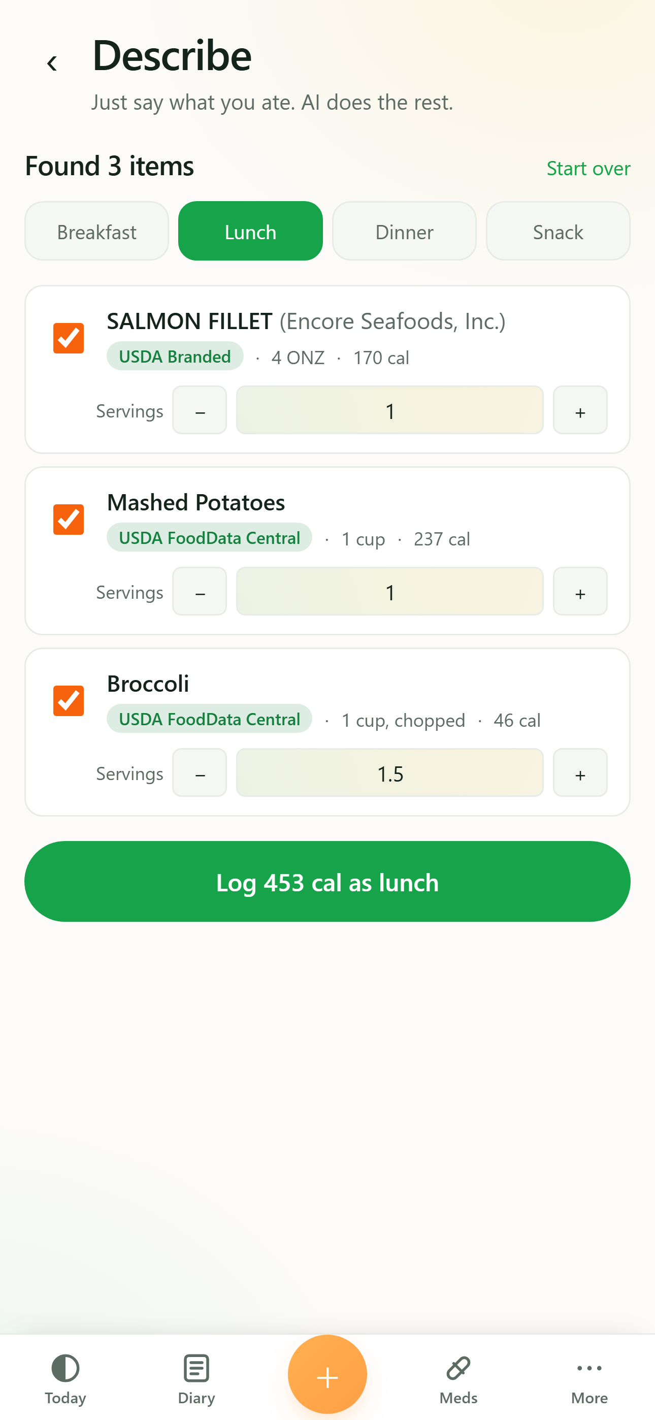 Macroline describe-a-meal screen with three parsed items